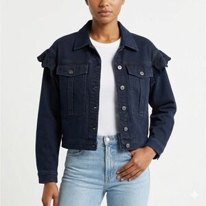 SOMETHING NAVY Womens Celeste Denim Jean Jacket‎ Size Small Lace Ruffle Cropped